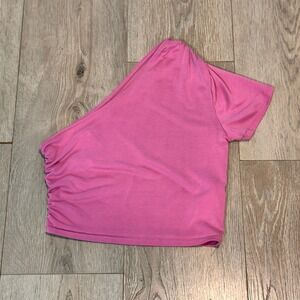 Urban Outfitters Pink One Shoulder Top Ruched Sleeves‎ Crop Top Size Small S